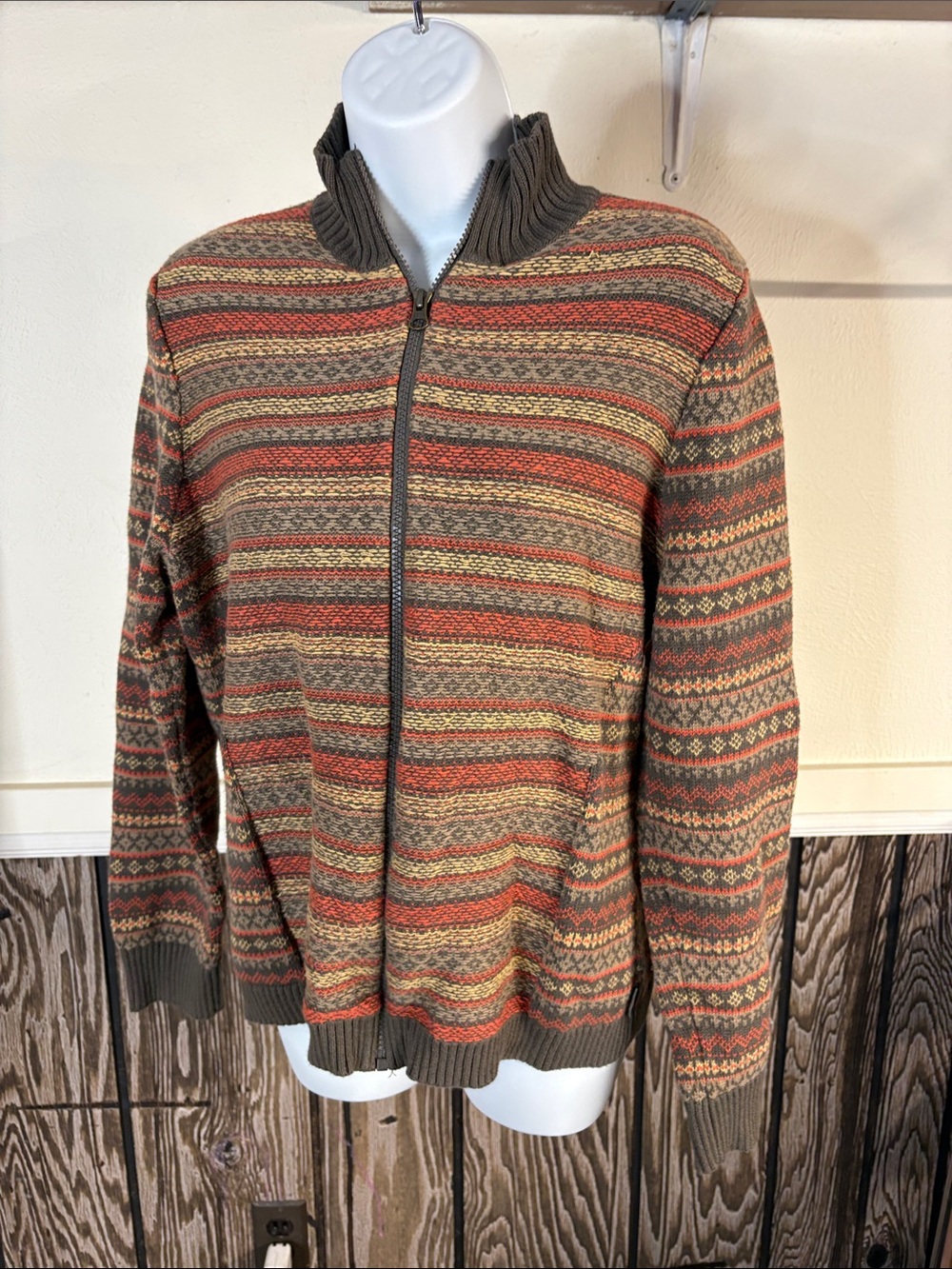 Woolrich Women's Fair Isle Zip-Up Sweater in Rust, Olive & Tan